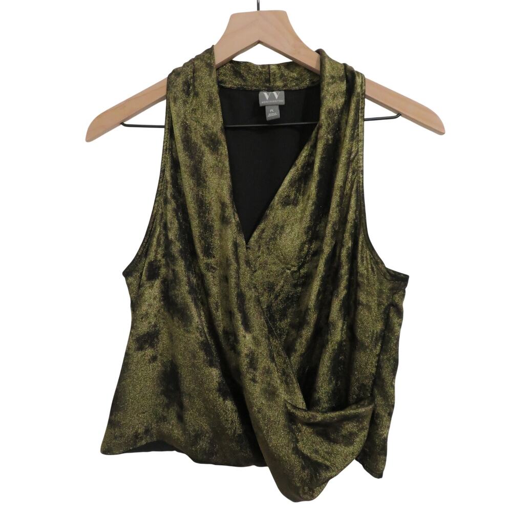 Worthington Women Sz L Gold Black Sleeveless Draped Faux Wrap Top
